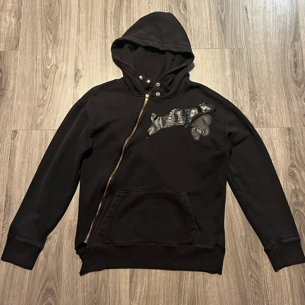 Vintage Y2K Hollister Black Asymmetrical Zip Appliqué Hoodie Size S
